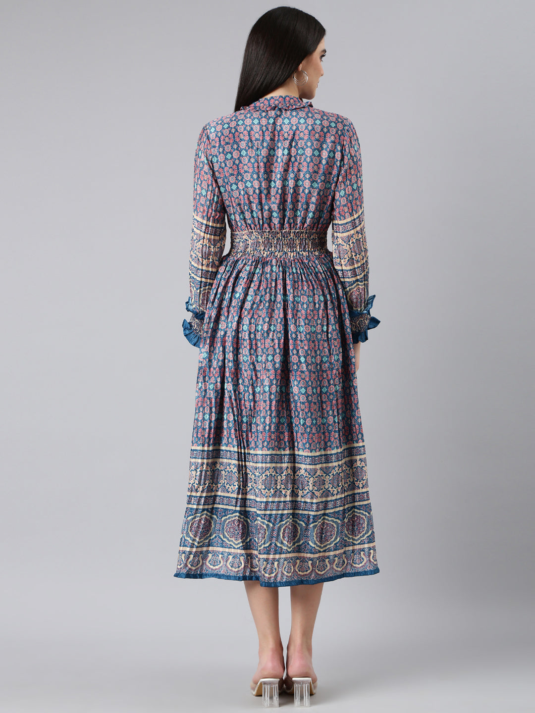 Women's Blue Geometrical Fit and Flare Dress