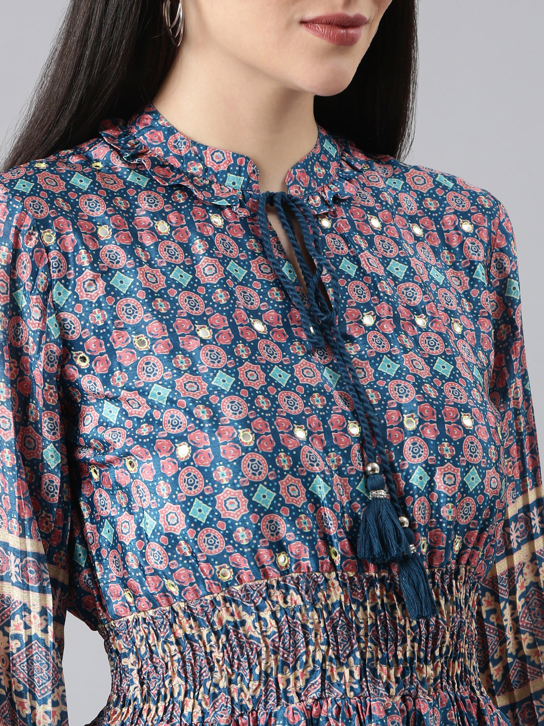 Women's Blue Geometrical Fit and Flare Dress