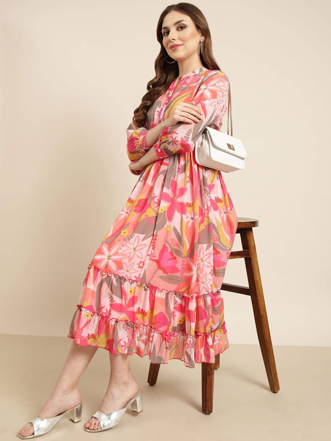 Women's Pink Floral Fit and Flare Dress