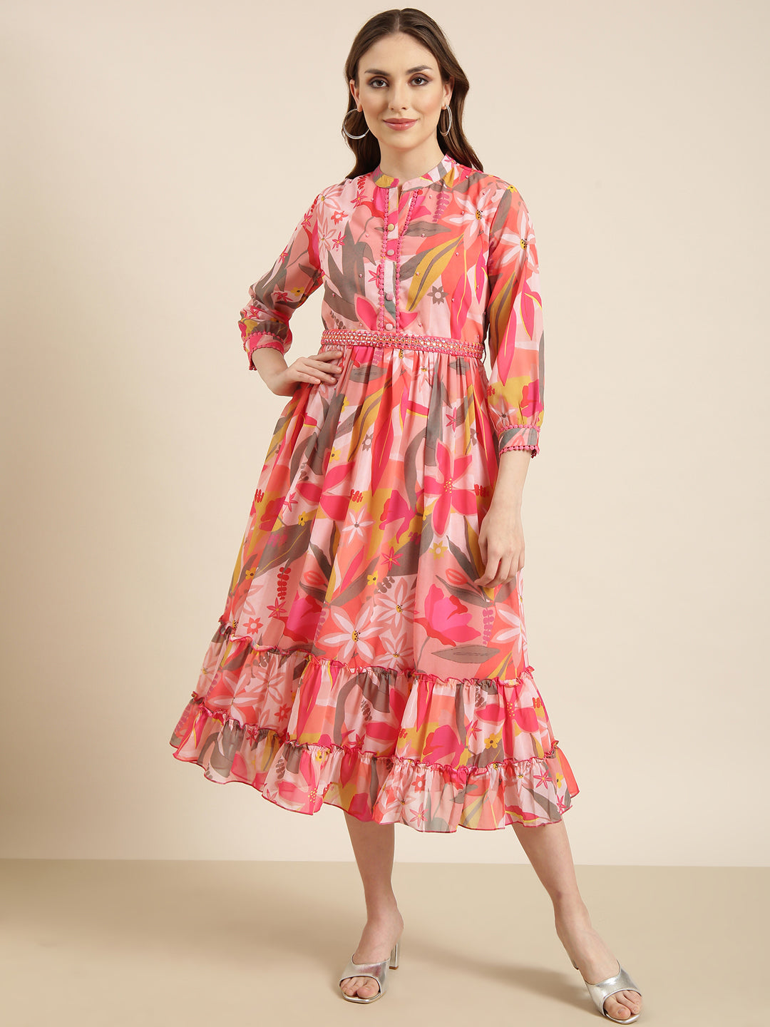 Women's Pink Floral Fit and Flare Dress