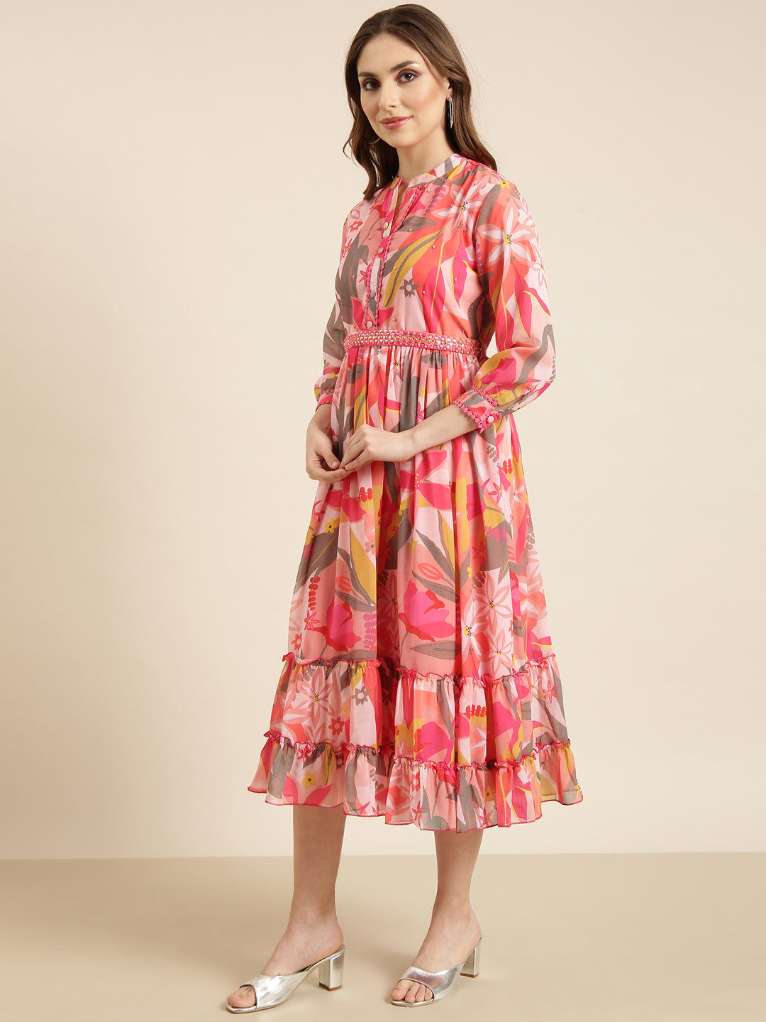 Women's Pink Floral Fit and Flare Dress