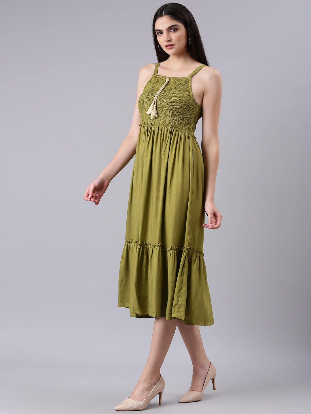 Women's Olive Solid Fit and Flare Dress