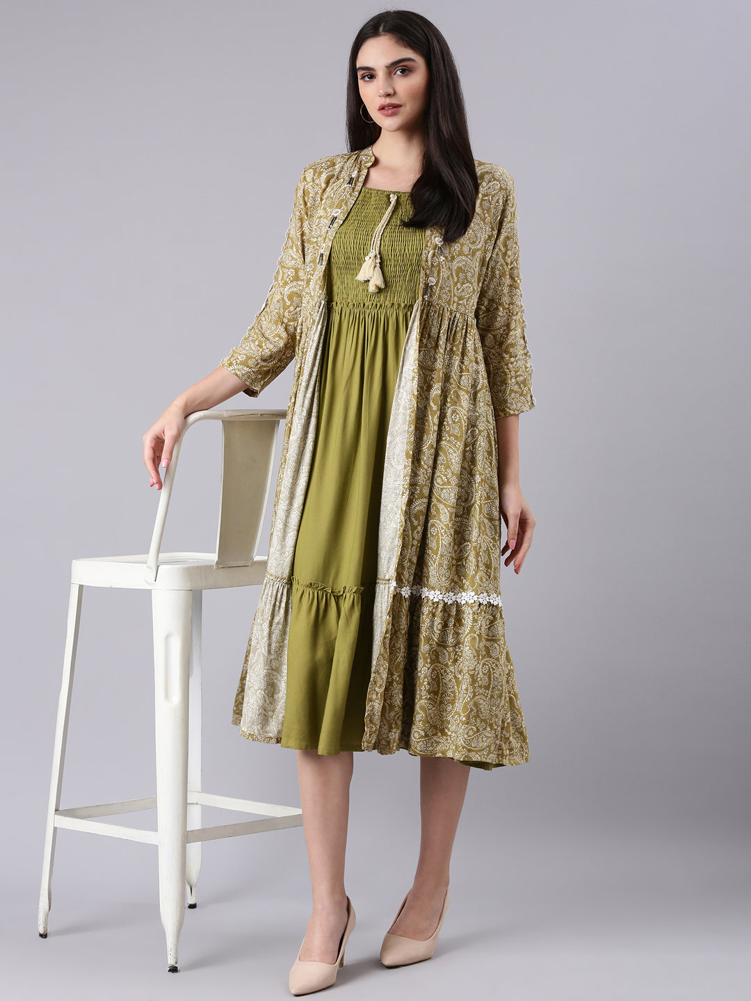 Women's Olive Solid Fit and Flare Dress