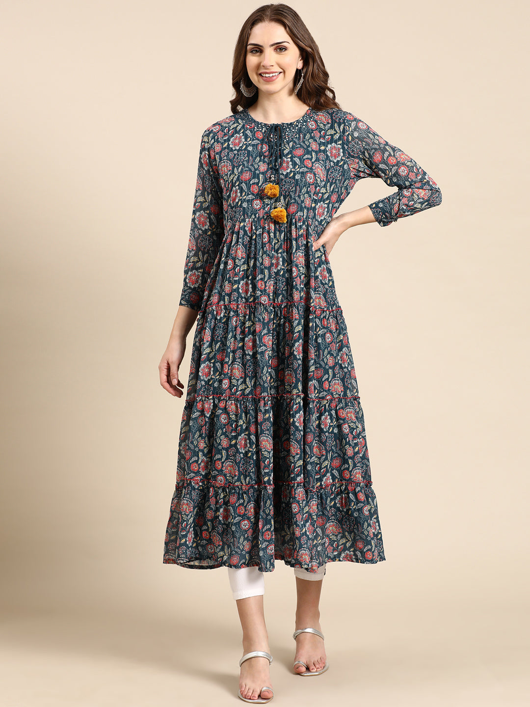 Women's Teal Floral Anarkali Kurta