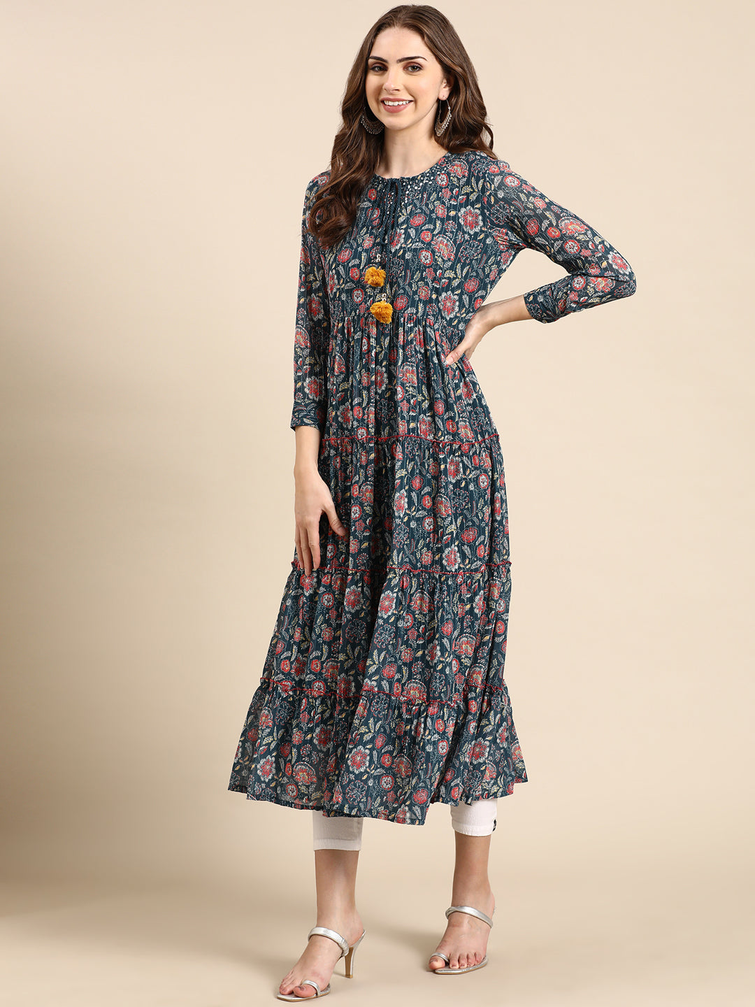 Women's Teal Floral Anarkali Kurta