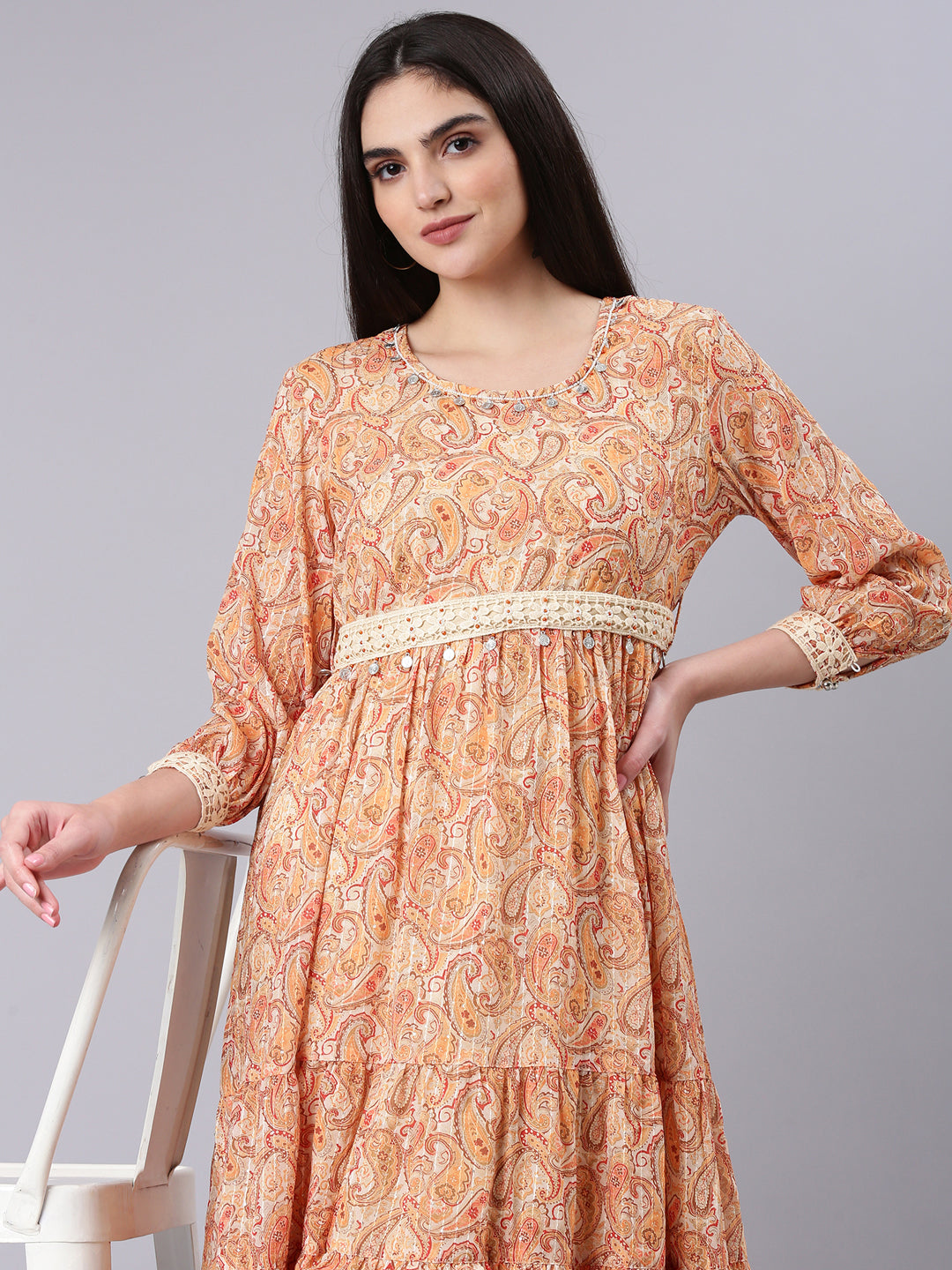 Women Beige Embellished A-Line Dress