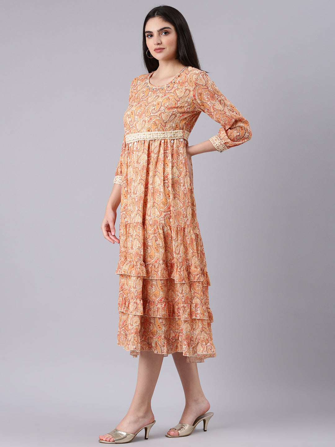 Women Beige Embellished A-Line Dress