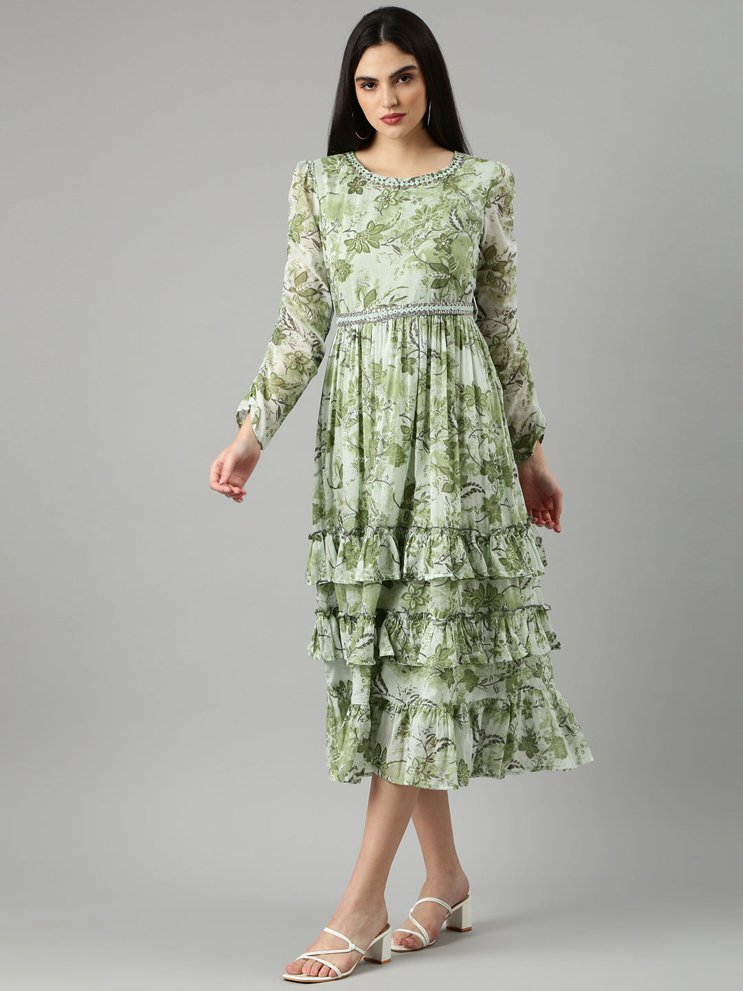 Women Sea Green Floral Fit and Flare Dress