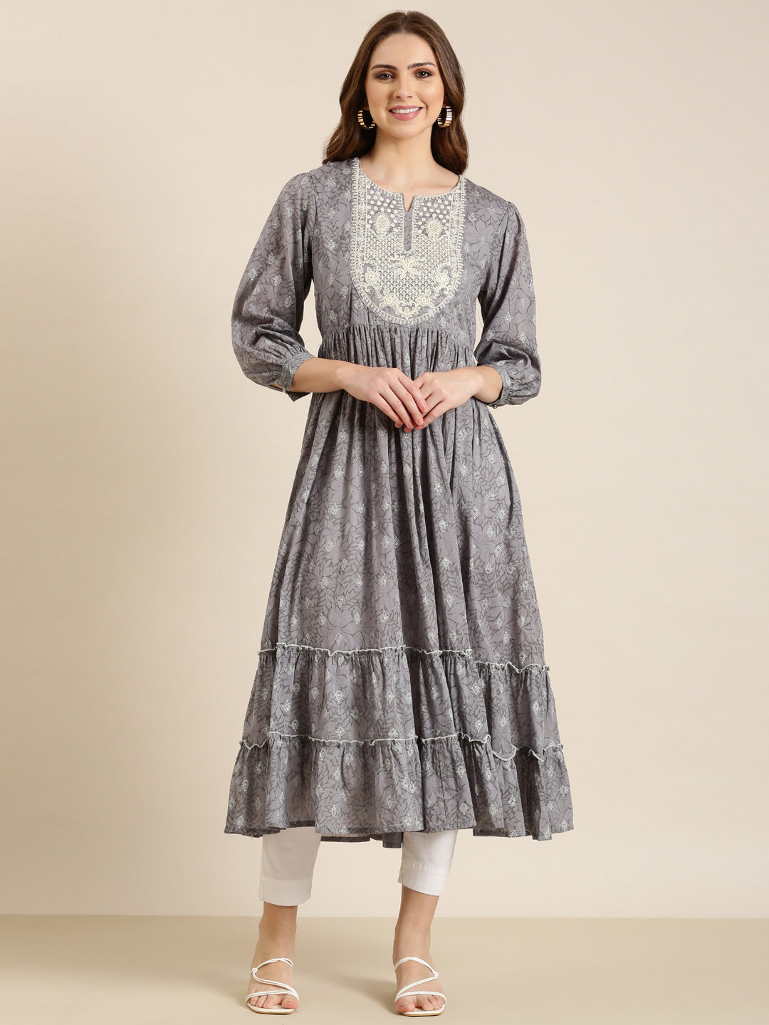 Women Grey Floral Anarkali Kurta