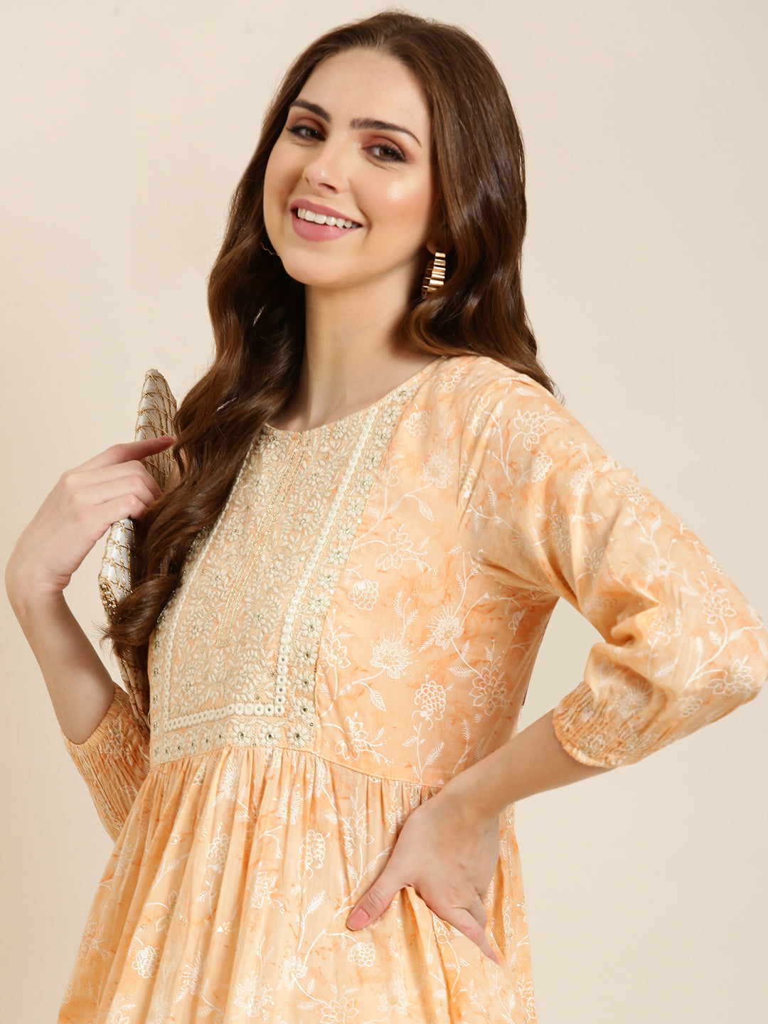 Women Peach Floral Anarkali Kurta