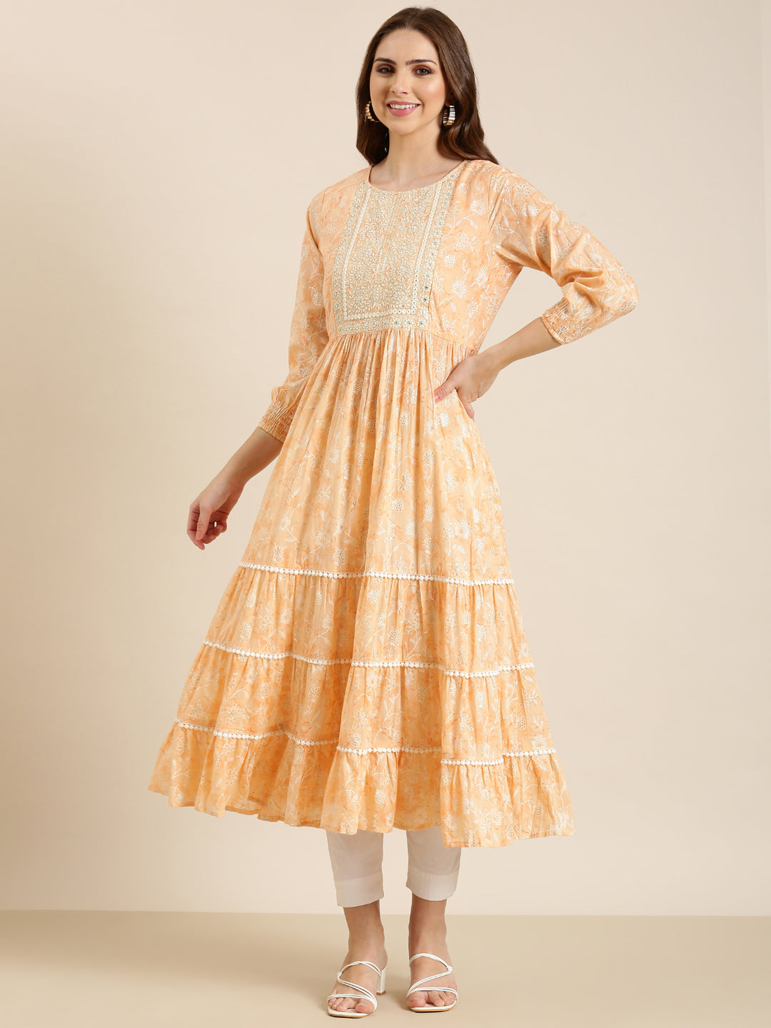 Women Peach Floral Anarkali Kurta