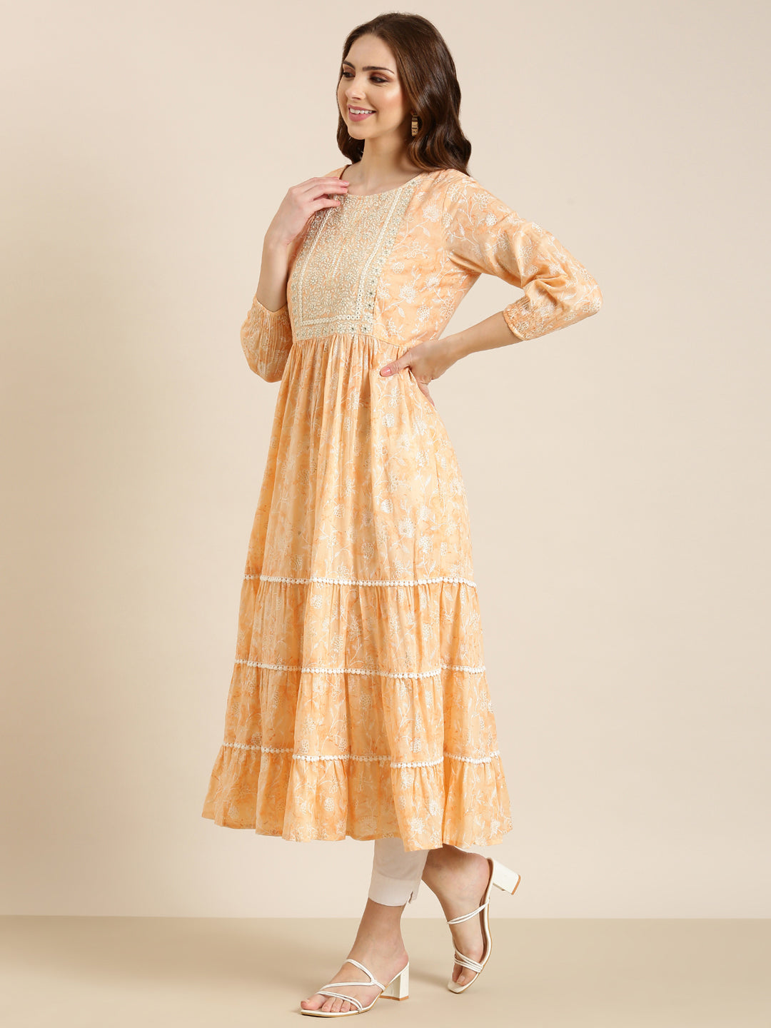 Women Peach Floral Anarkali Kurta