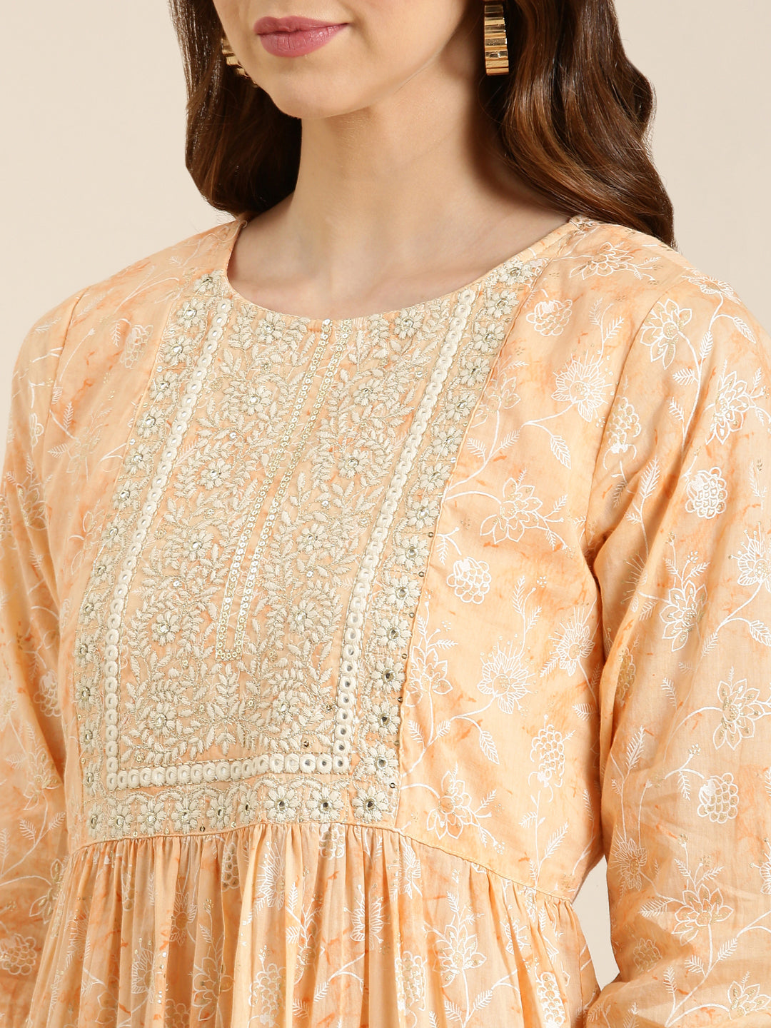 Women Peach Floral Anarkali Kurta