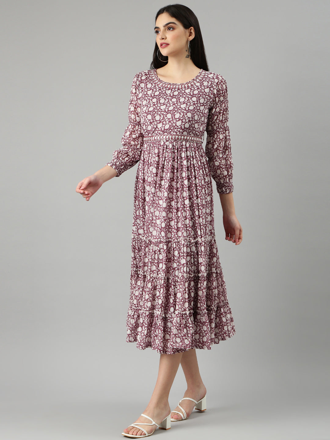 Women Mauve Floral Fit and Flare Dress