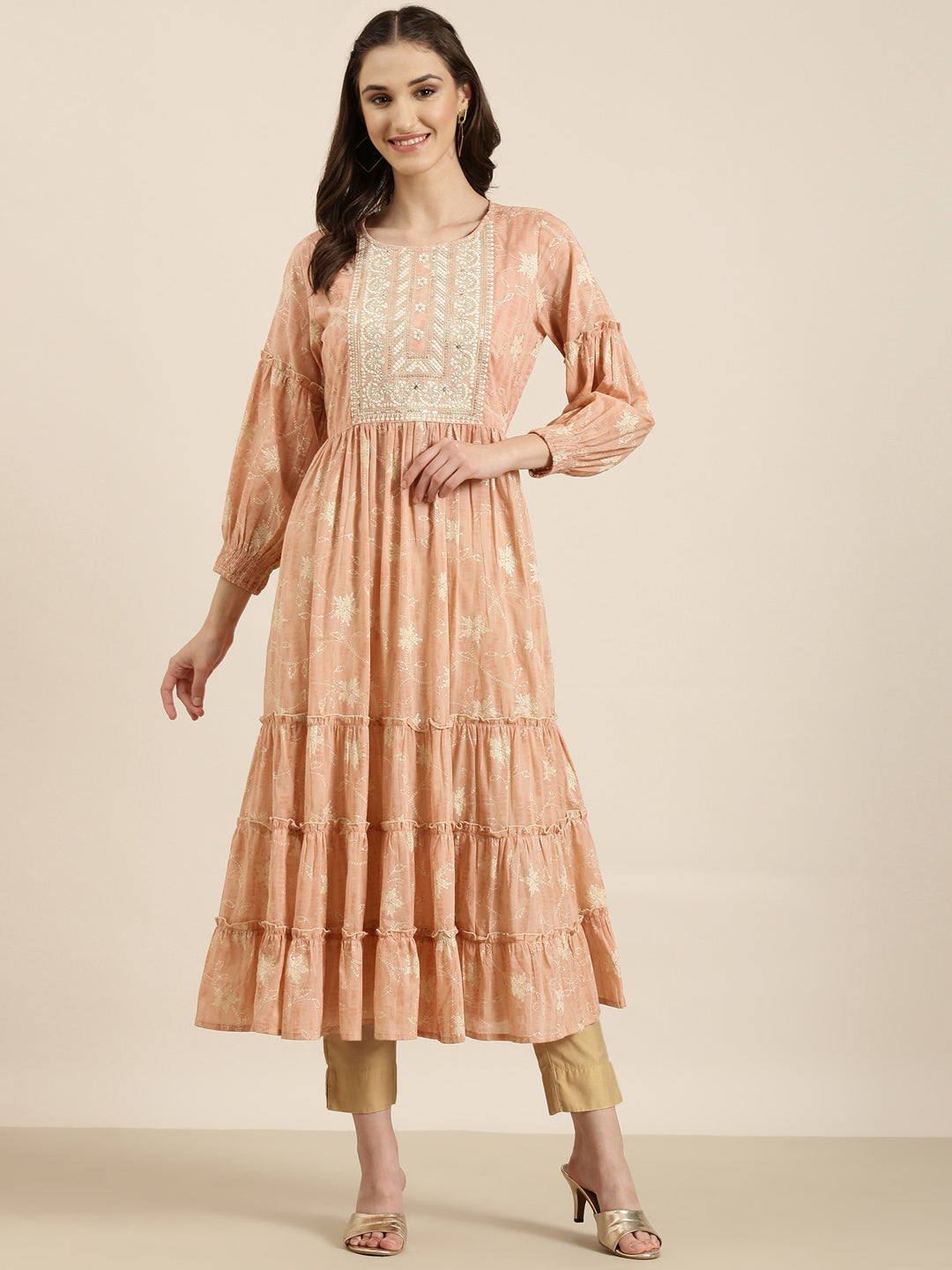 Women Peach Floral Anarkali Kurta