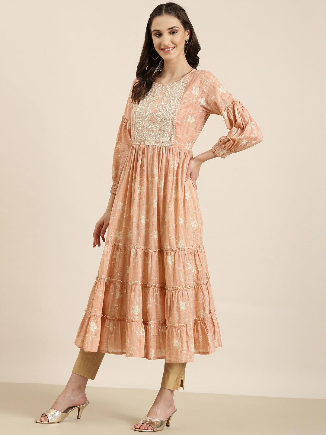 Women Peach Floral Anarkali Kurta