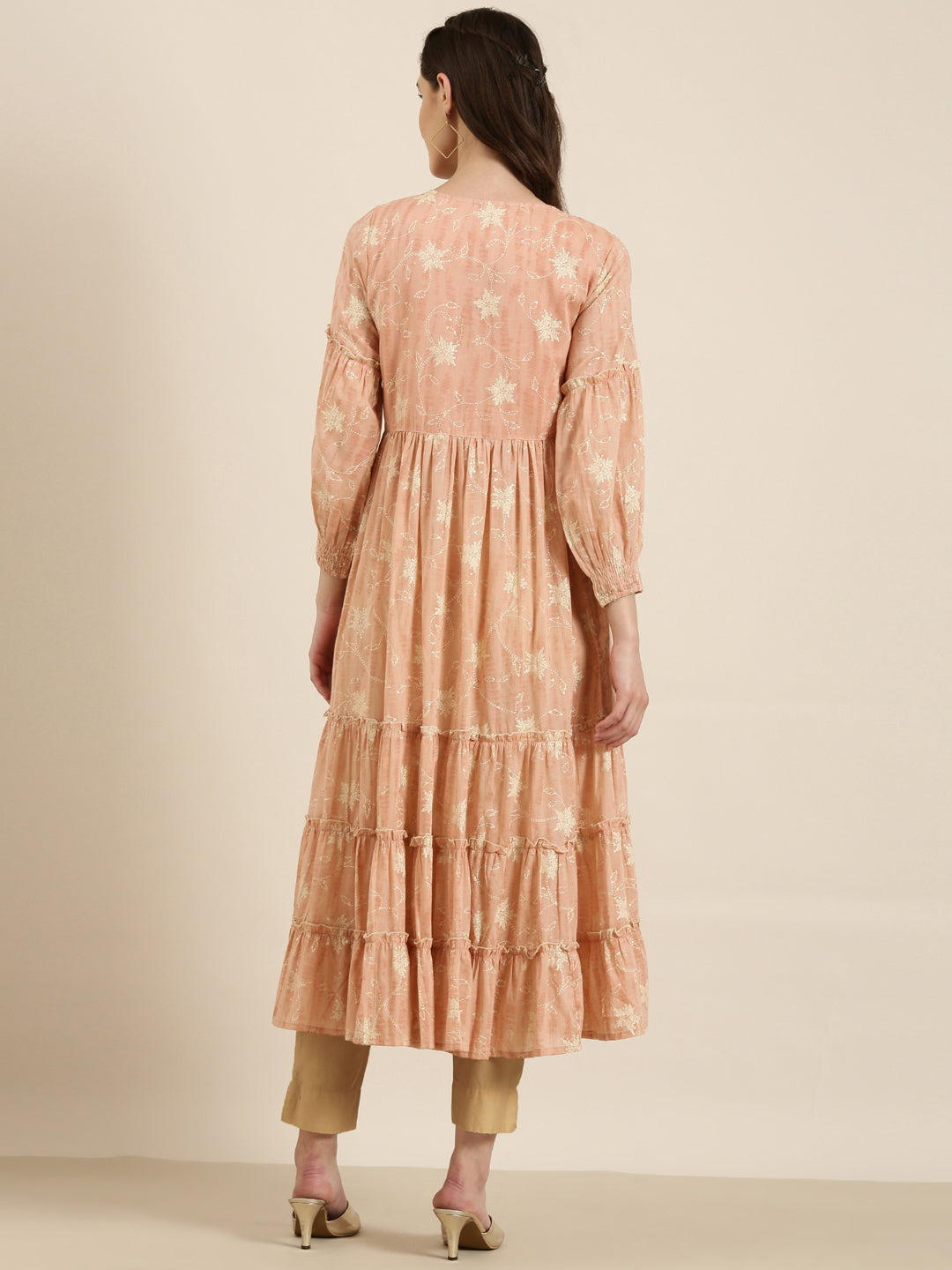 Women Peach Floral Anarkali Kurta