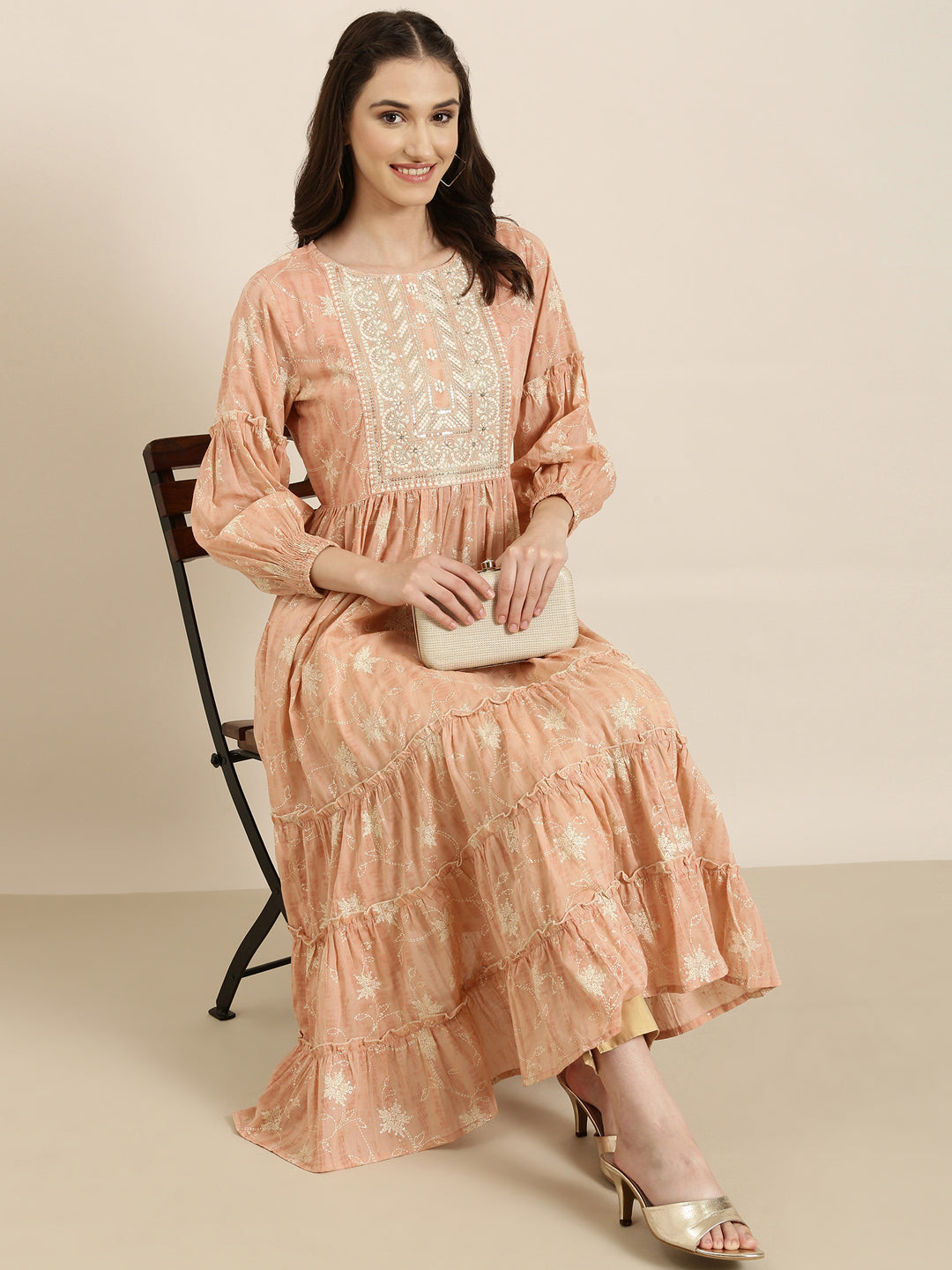 Women Peach Floral Anarkali Kurta