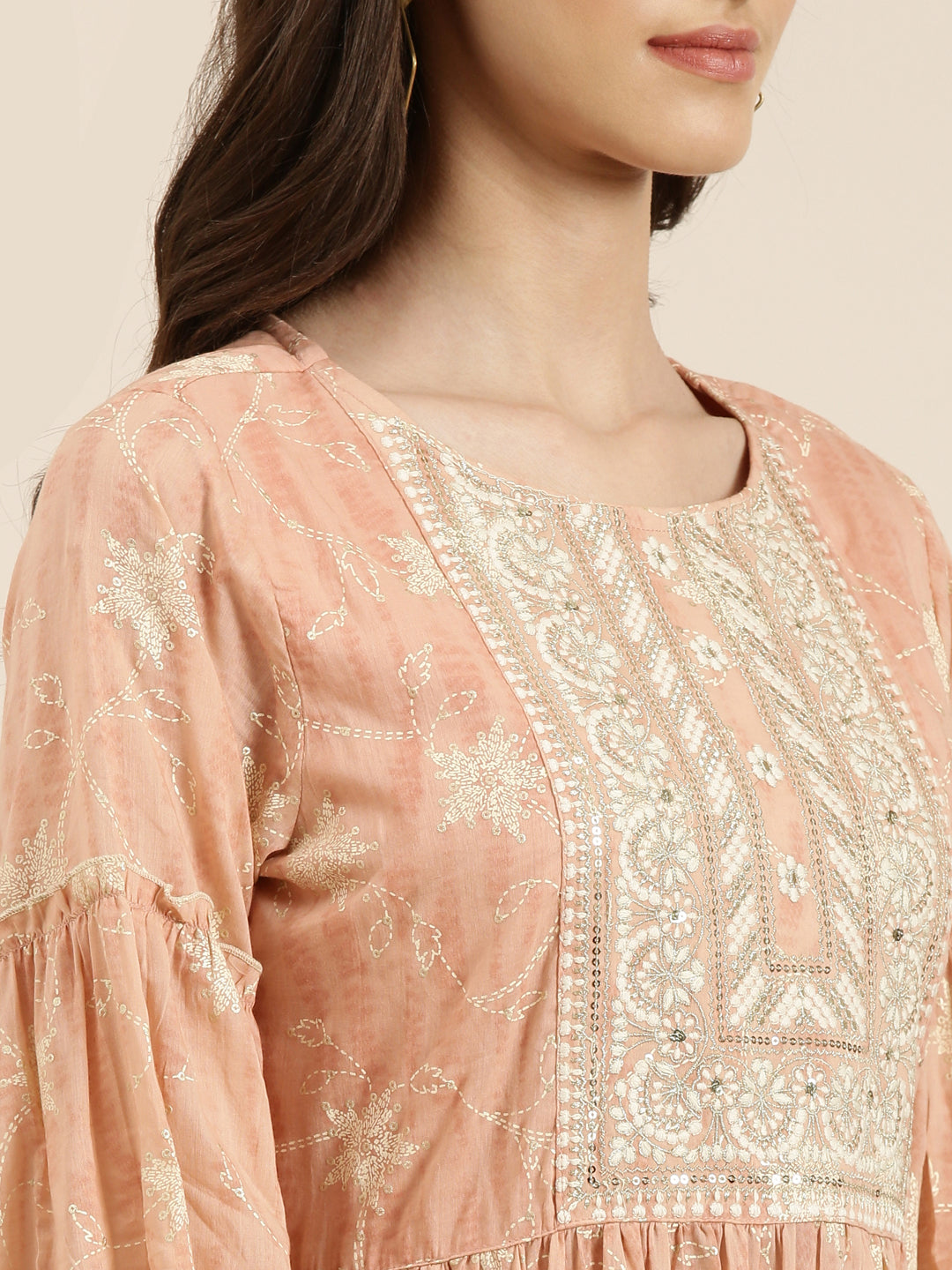 Women Peach Floral Anarkali Kurta