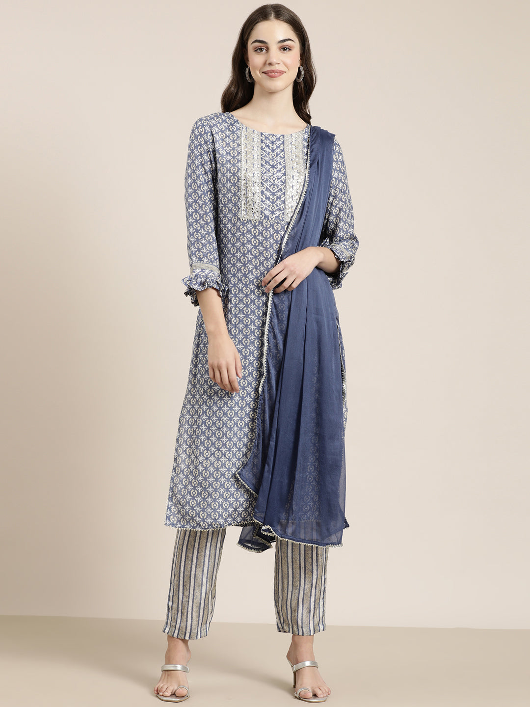 Women Blue Printed Kurta Set