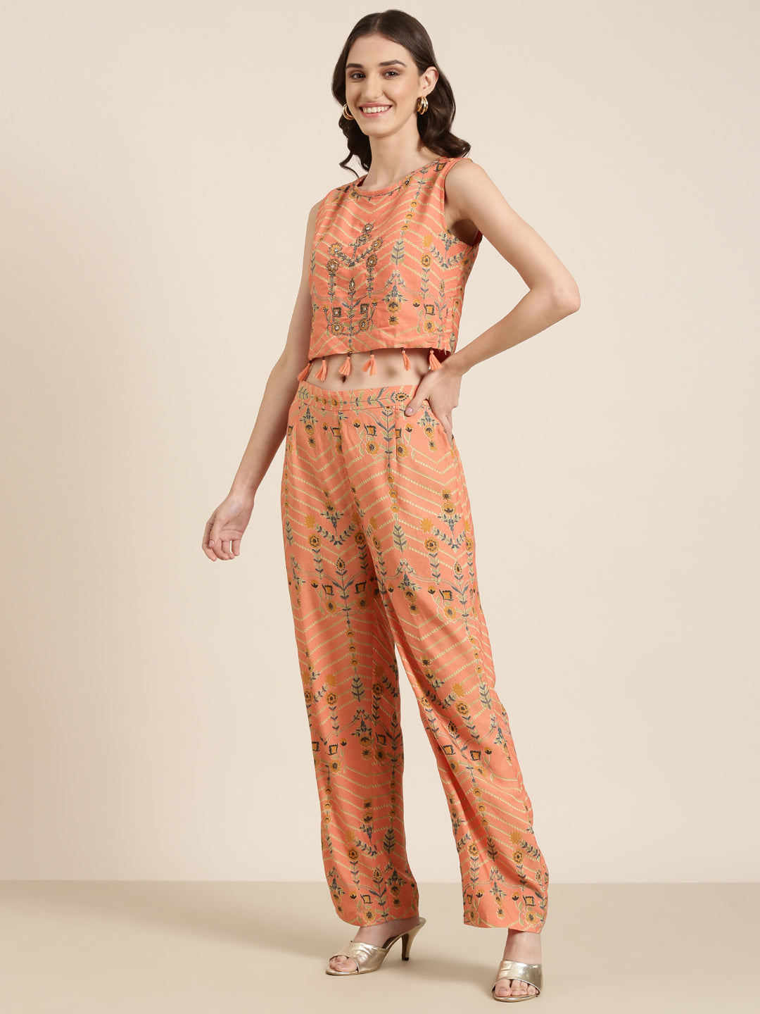 Women Orange Floral Kurta Set