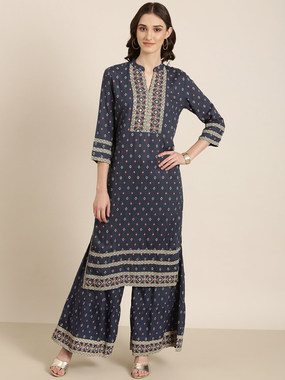 Women Navy Blue Geometrical Kurta Set