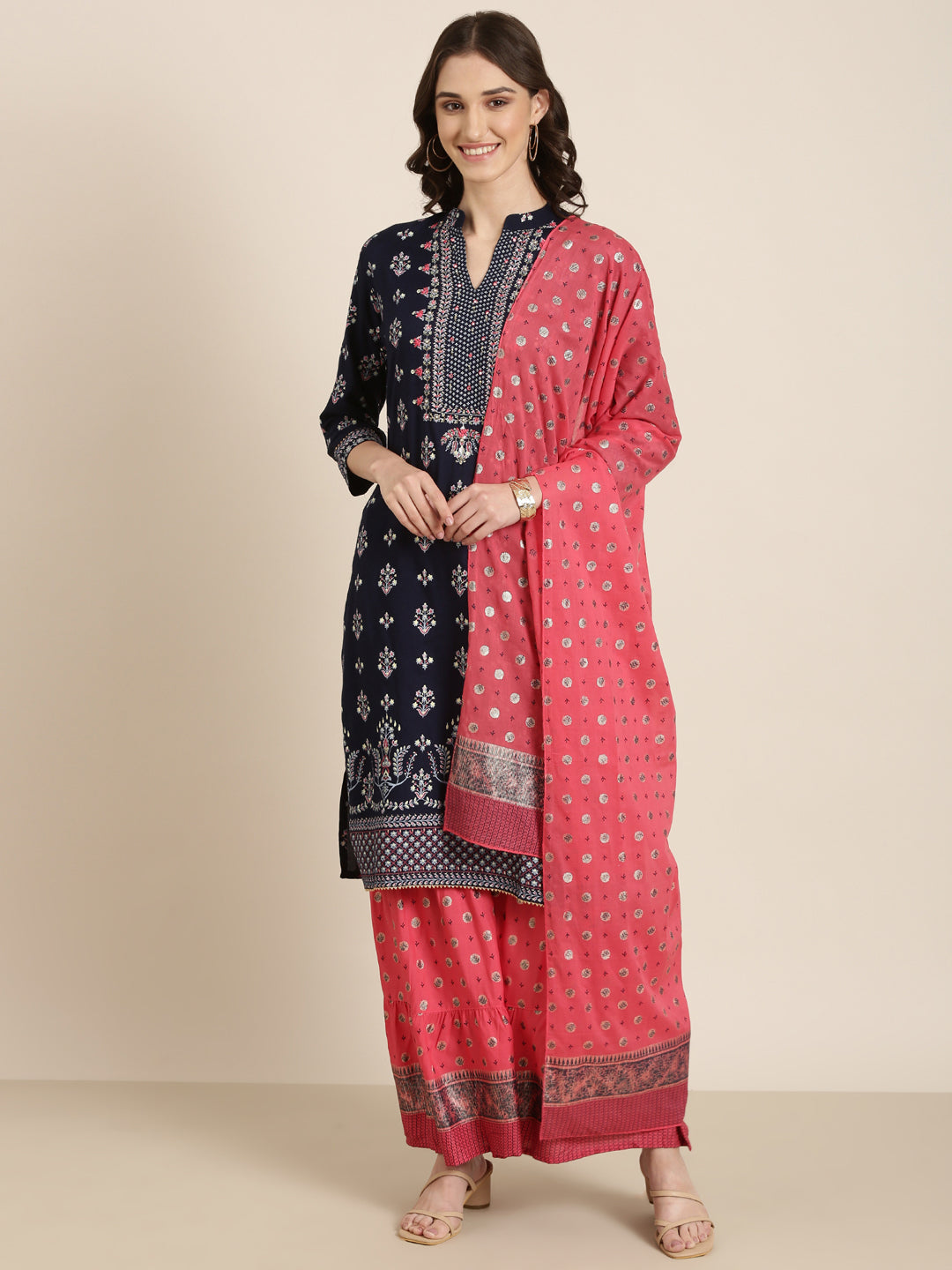 Women Navy Blue Floral Kurta Set