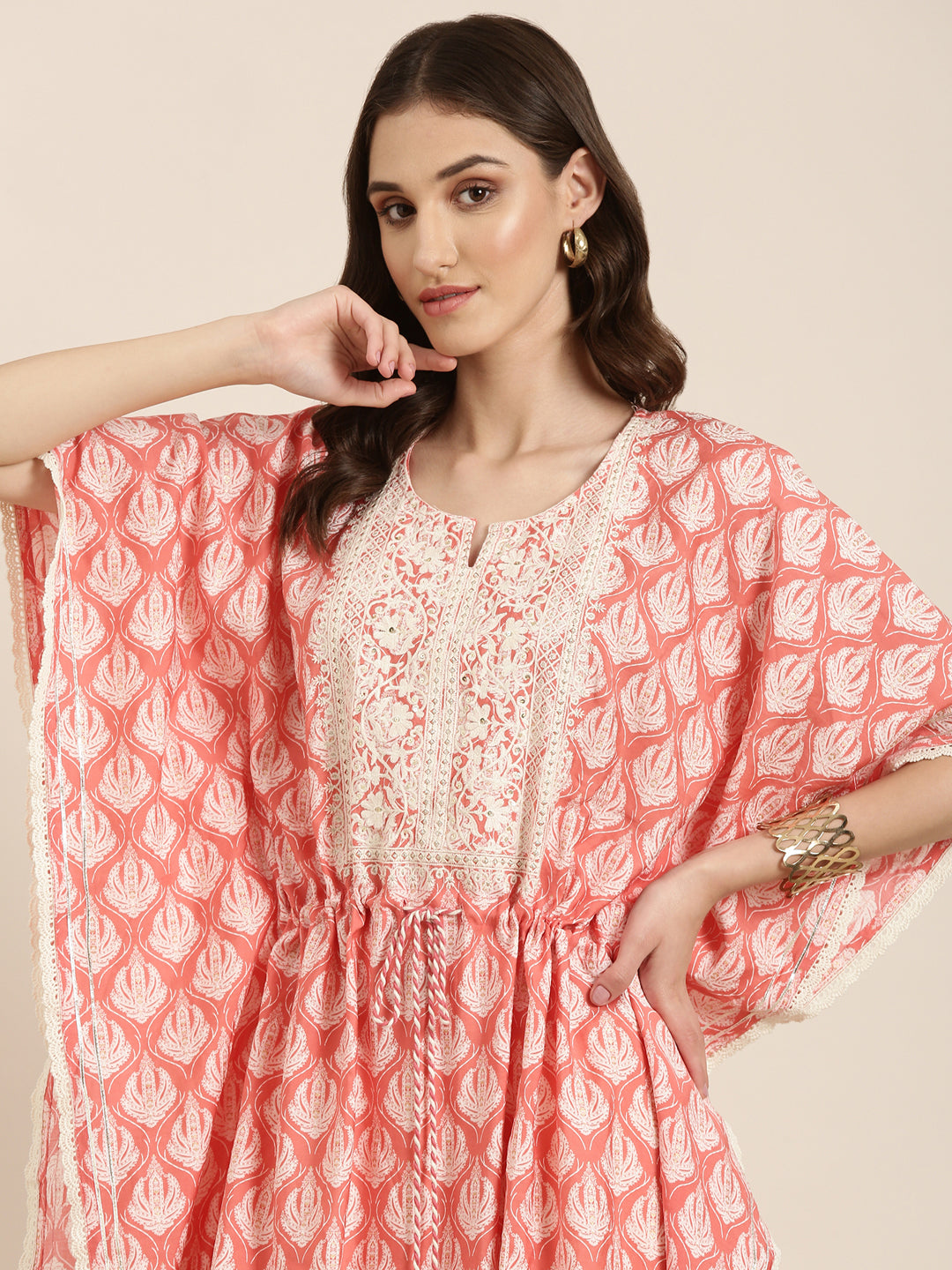 Women's Coral Printed Thread Work Kurta Set