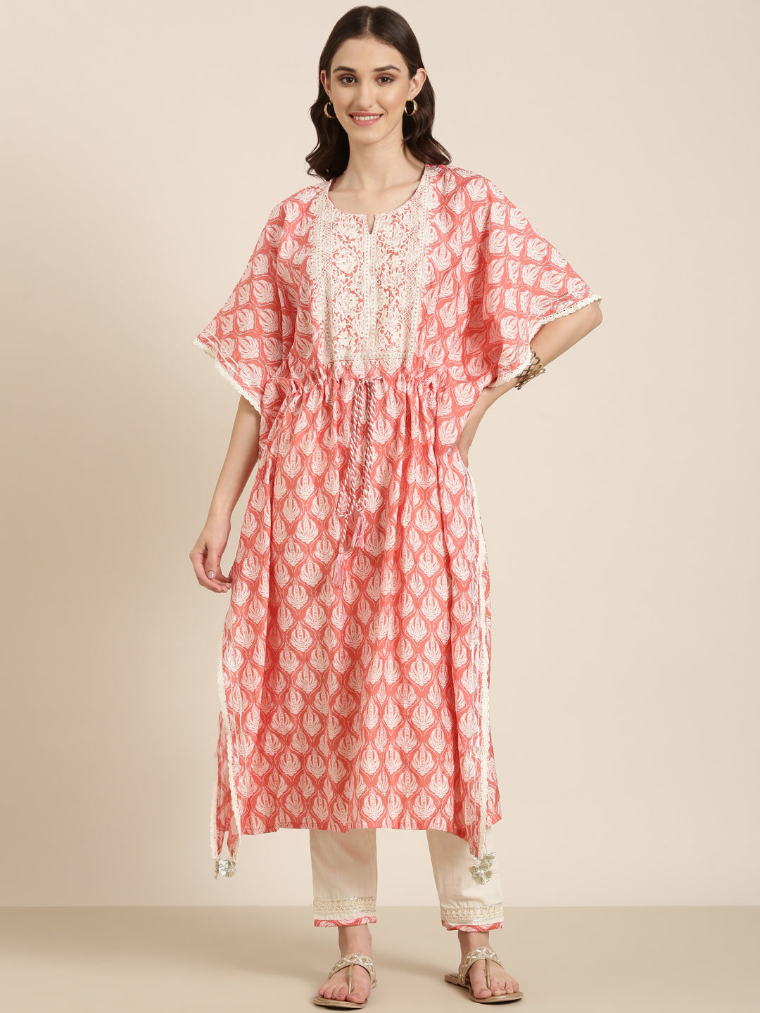 Women's Coral Printed Thread Work Kurta Set