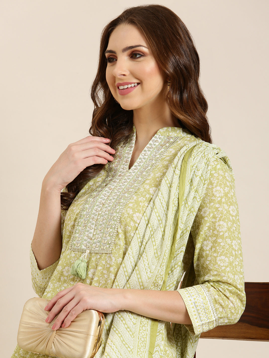 Women Lime Green Floral Straight Kurta Set