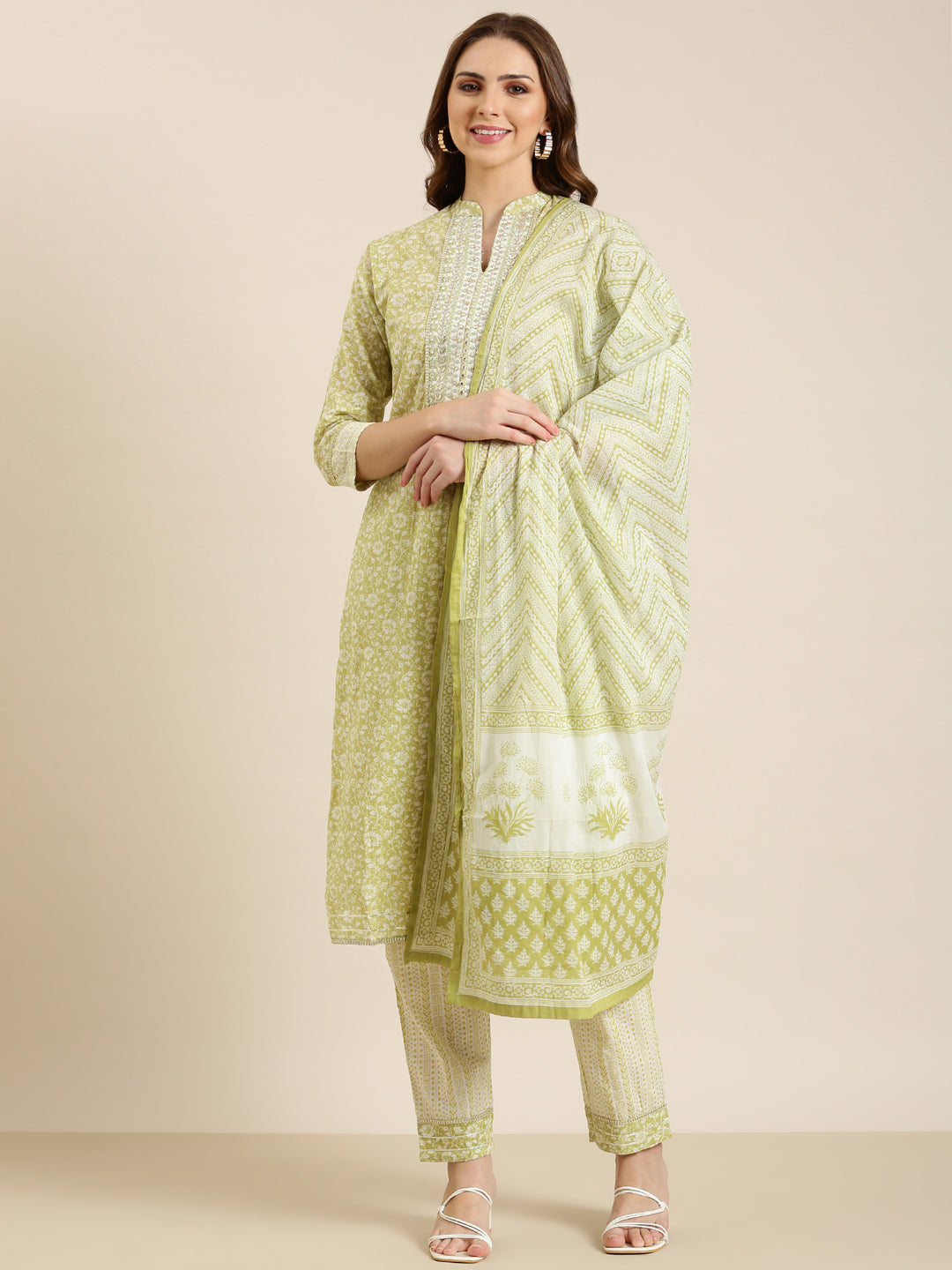 Women Lime Green Floral Straight Kurta Set