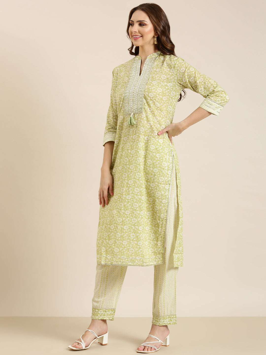 Women Lime Green Floral Straight Kurta Set