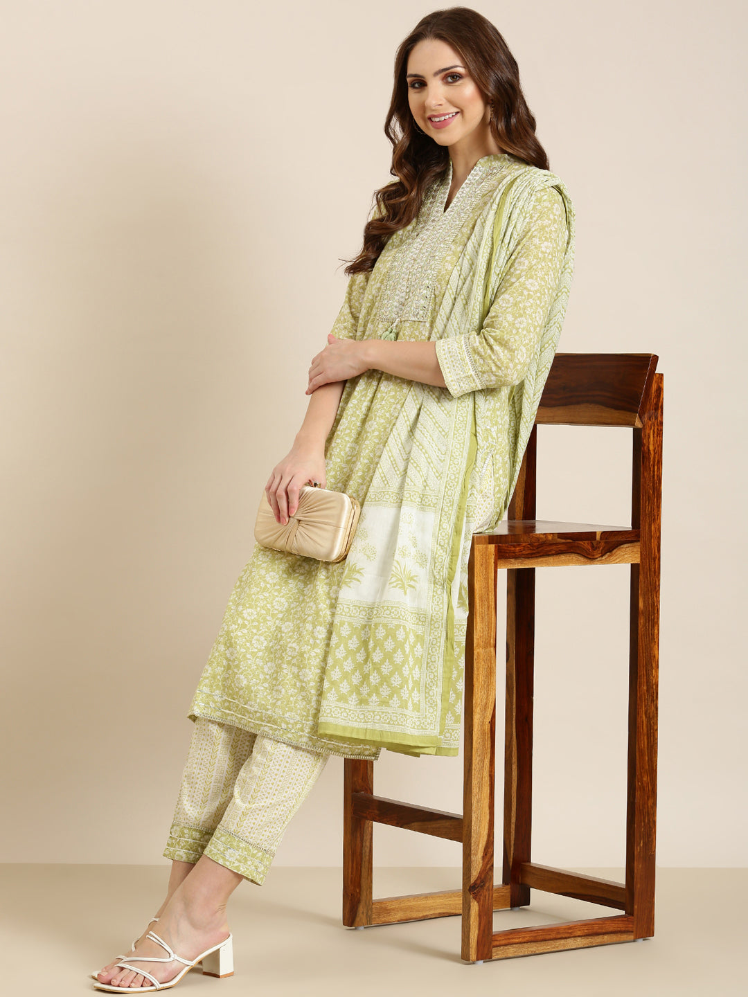 Women Lime Green Floral Straight Kurta Set