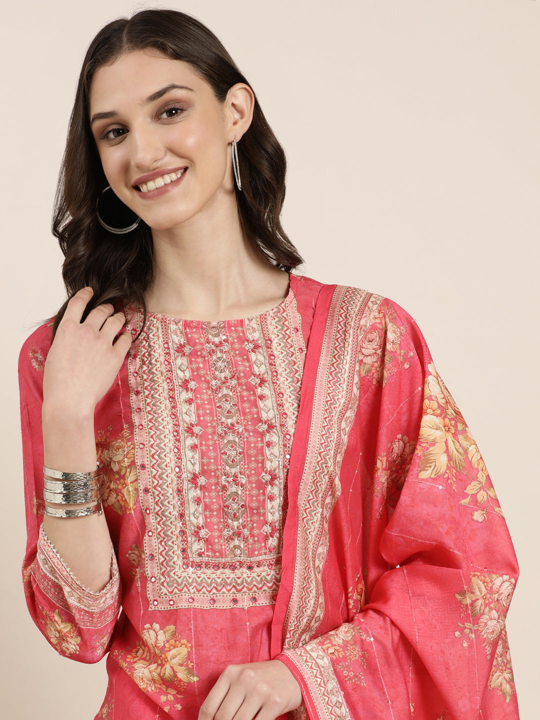 Women's Coral Floral Printed Regular Mirror Work Kurta Set With Dupatta