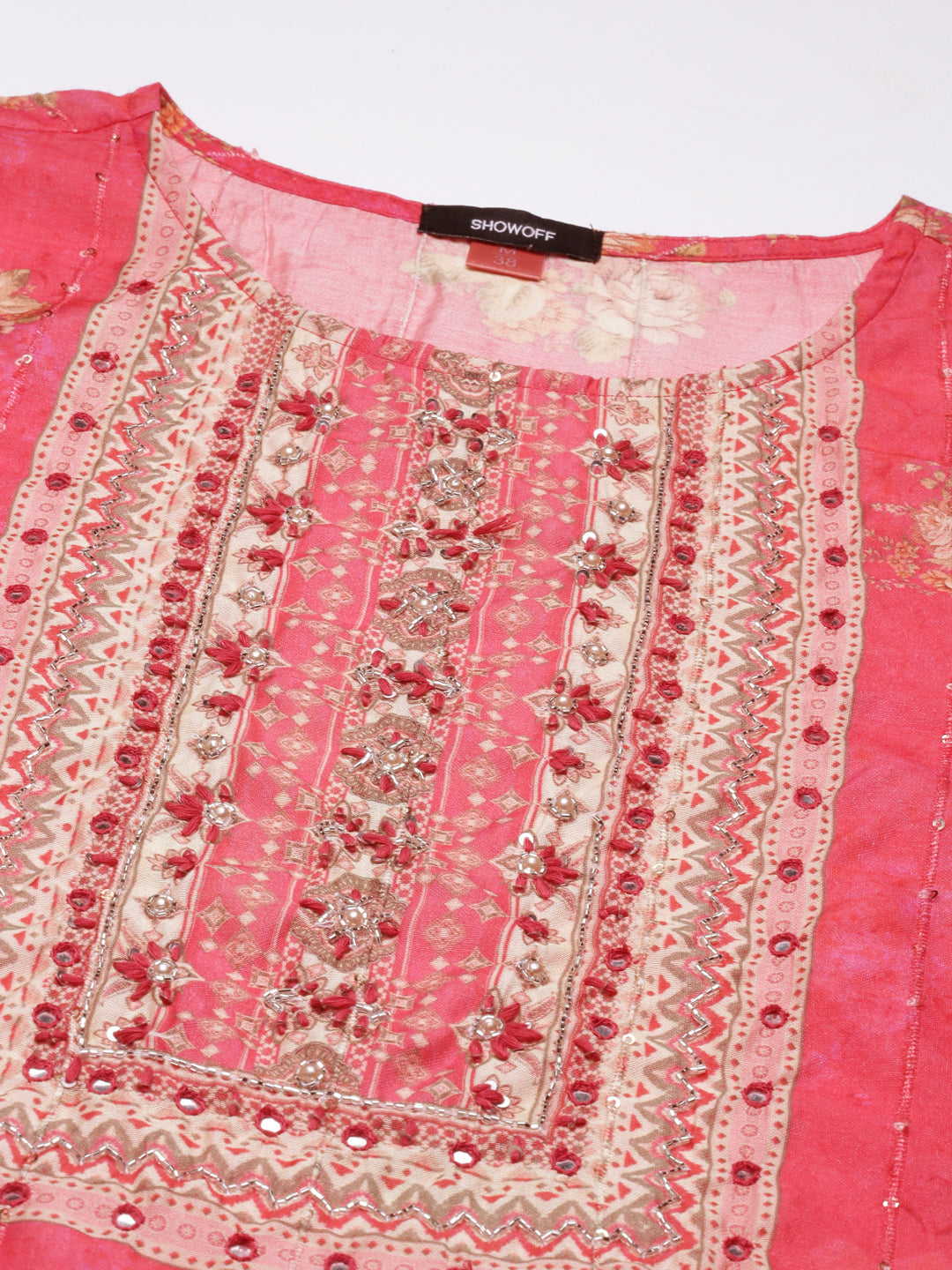 Women's Coral Floral Printed Regular Mirror Work Kurta Set With Dupatta