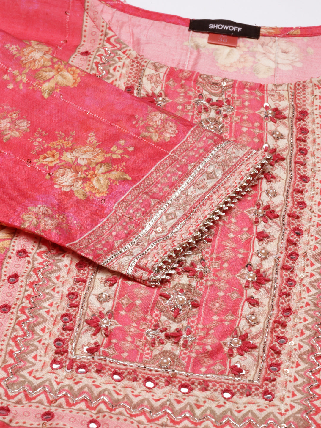 Women's Coral Floral Printed Regular Mirror Work Kurta Set With Dupatta