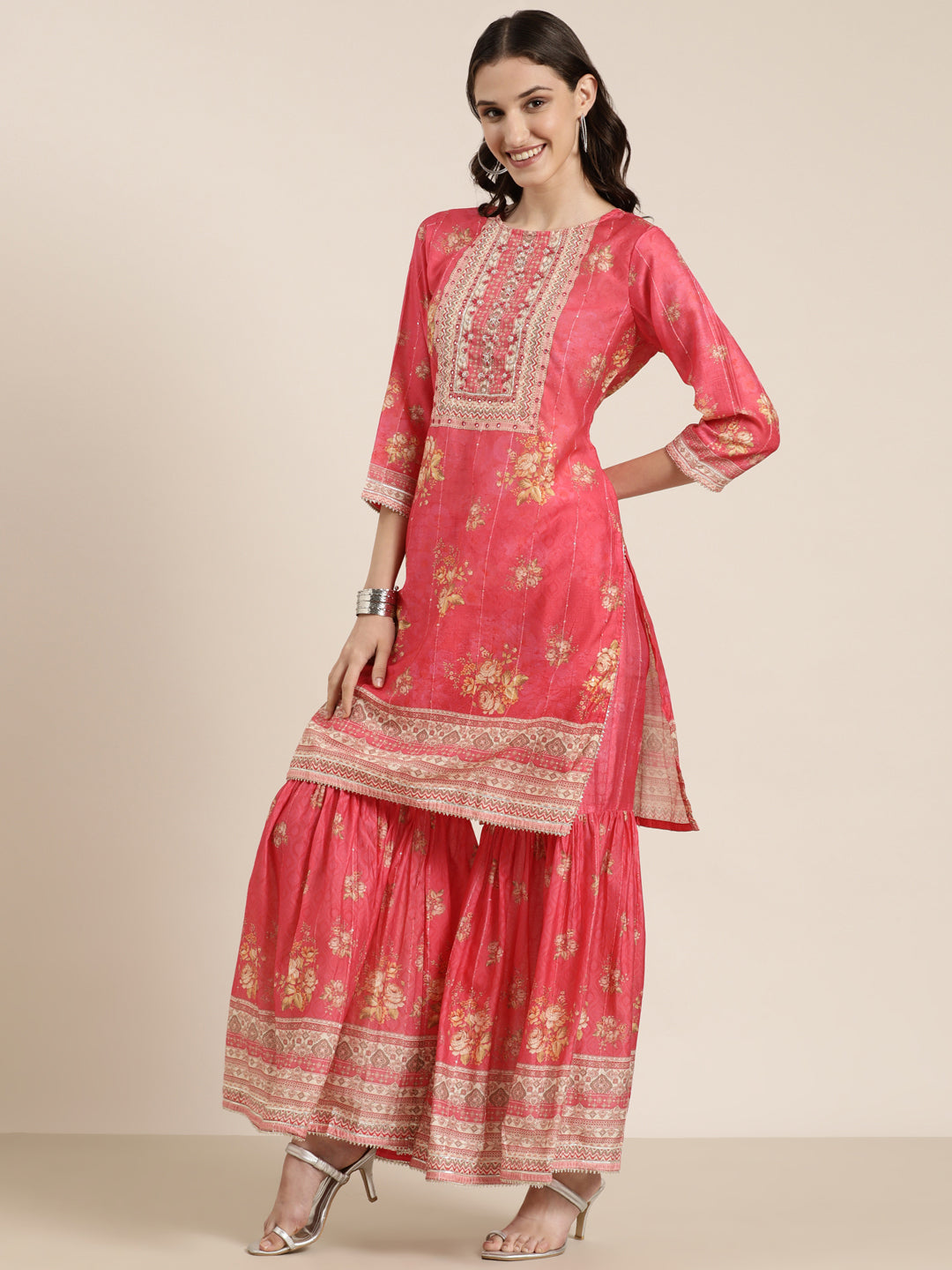 Women's Coral Floral Printed Regular Mirror Work Kurta Set With Dupatta