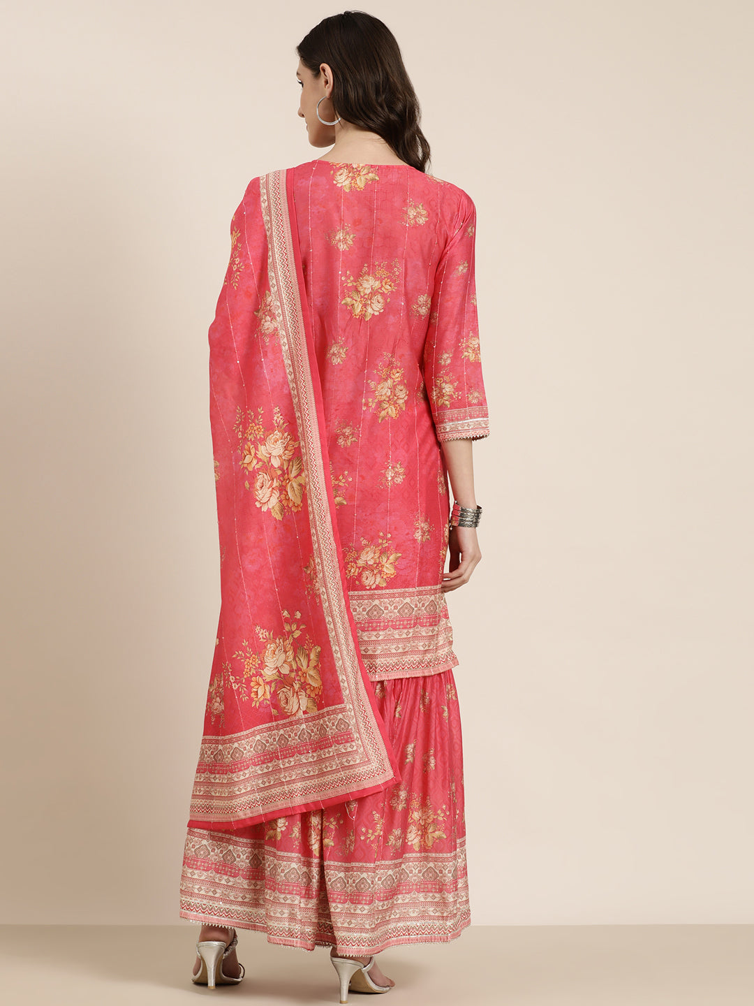 Women's Coral Floral Printed Regular Mirror Work Kurta Set With Dupatta