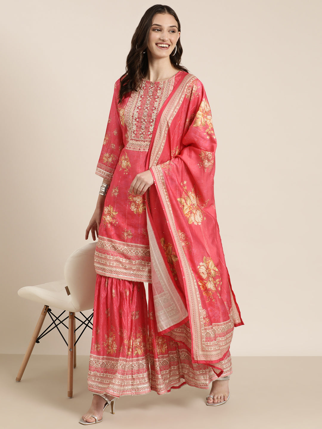 Women's Coral Floral Printed Regular Mirror Work Kurta Set With Dupatta