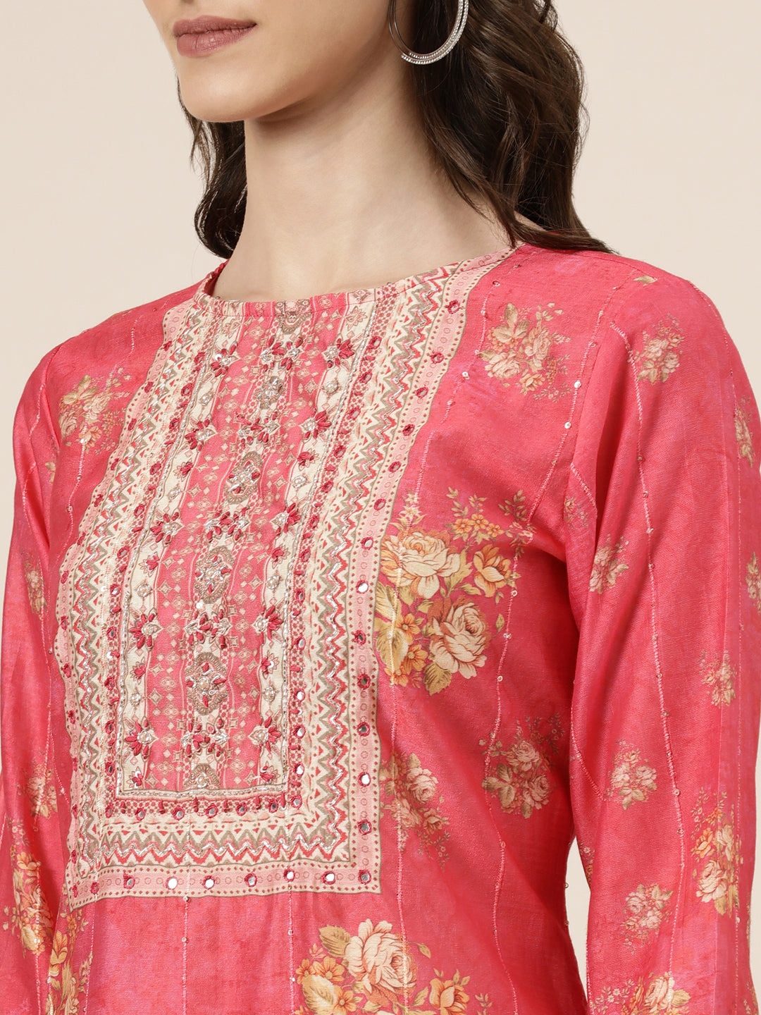 Women's Coral Floral Printed Regular Mirror Work Kurta Set With Dupatta