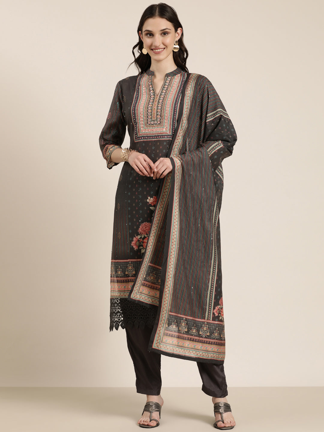 Women Taupe Floral Kurta Set