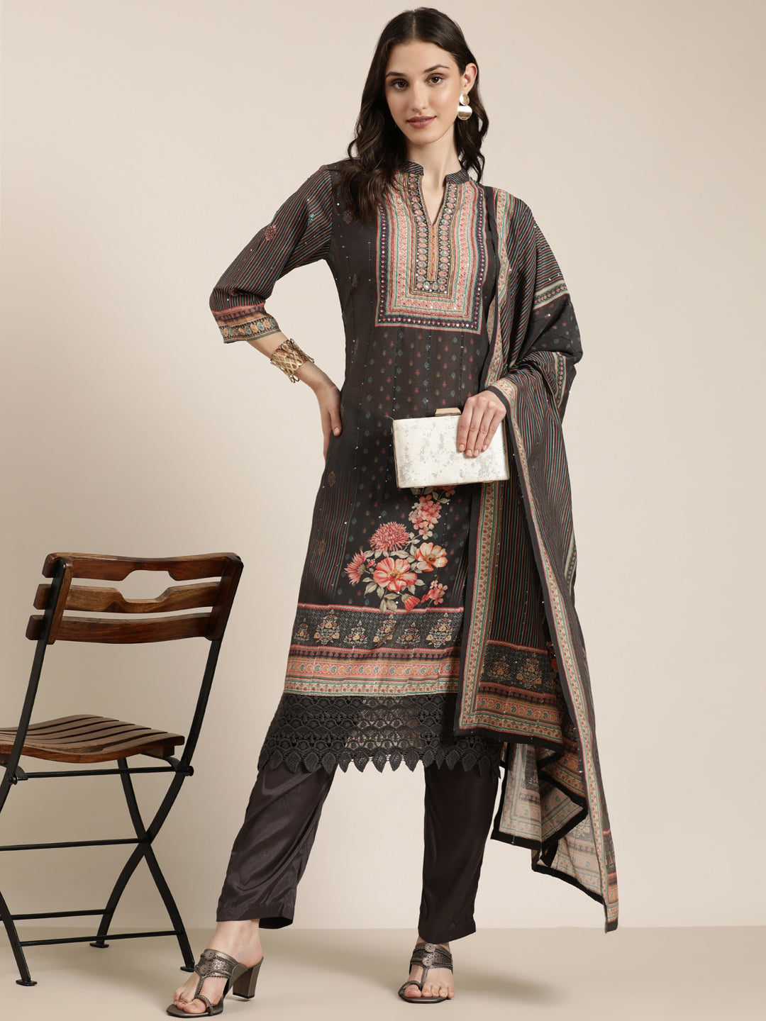 Women Taupe Floral Kurta Set