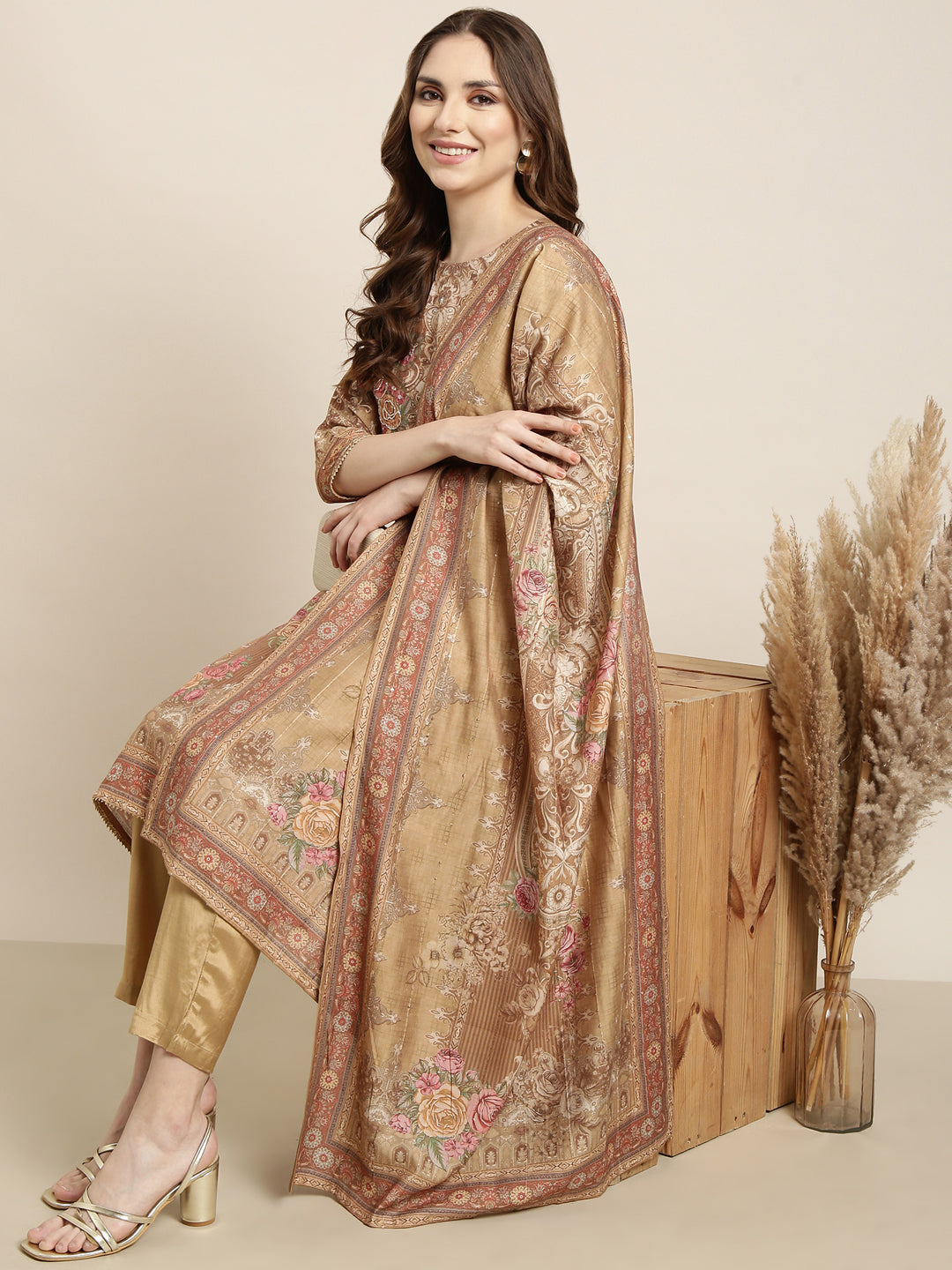 Women Straight Beige Floral Kurta and Trousers Set Comes With Dupatta