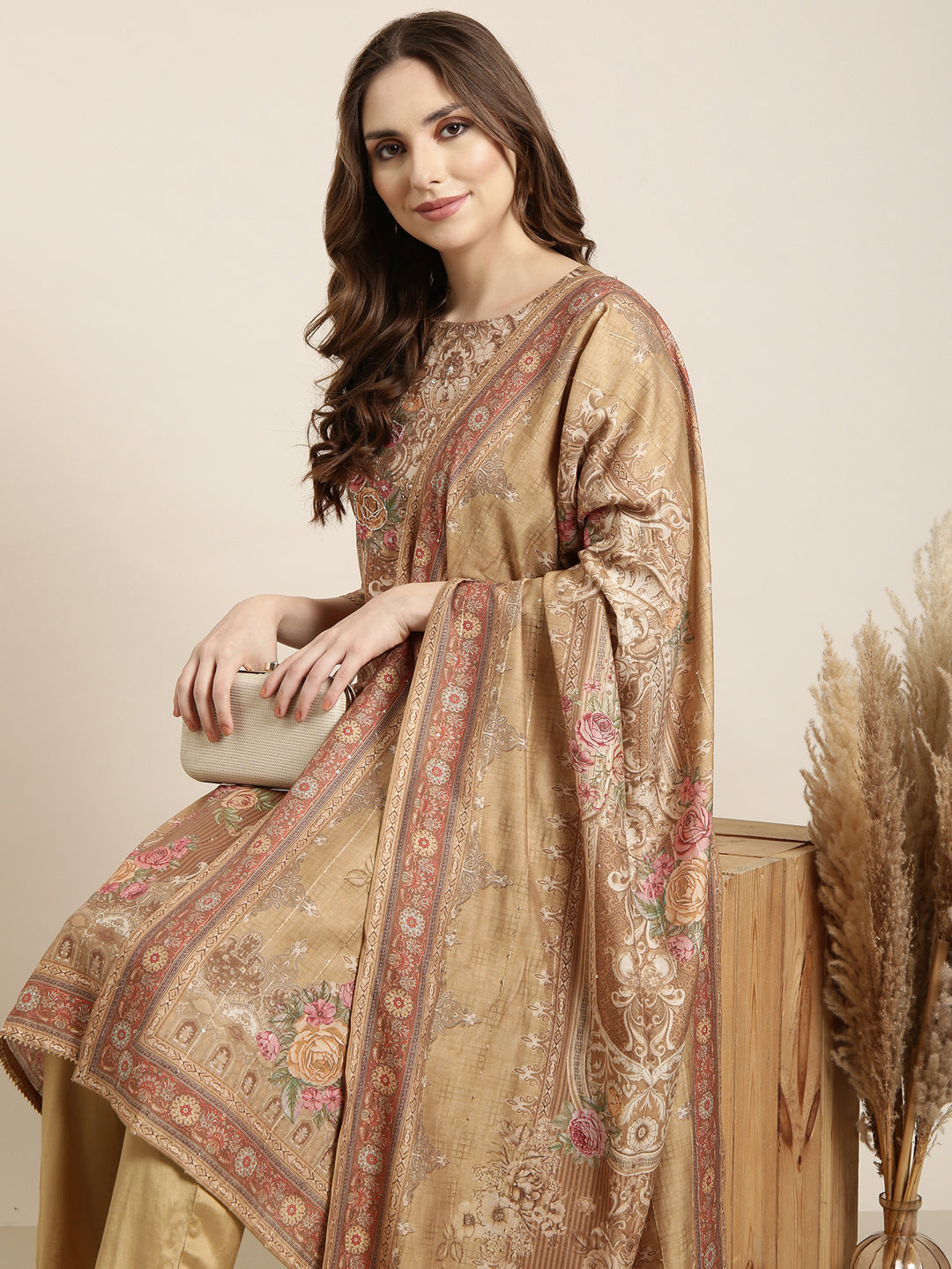 Women Straight Beige Floral Kurta and Trousers Set Comes With Dupatta