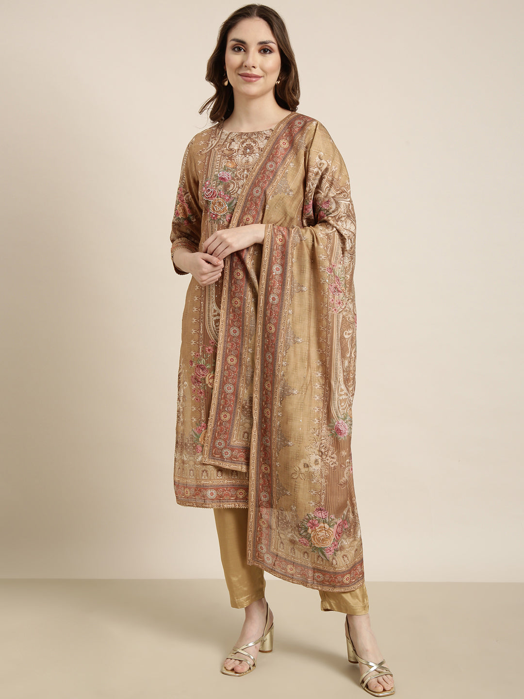 Women Straight Beige Floral Kurta and Trousers Set Comes With Dupatta