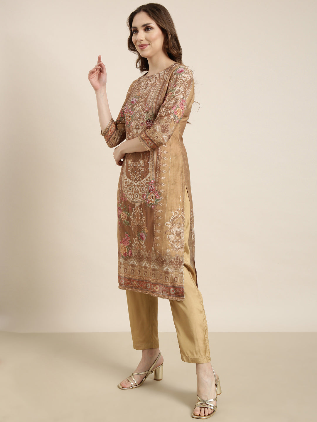 Women Straight Beige Floral Kurta and Trousers Set Comes With Dupatta