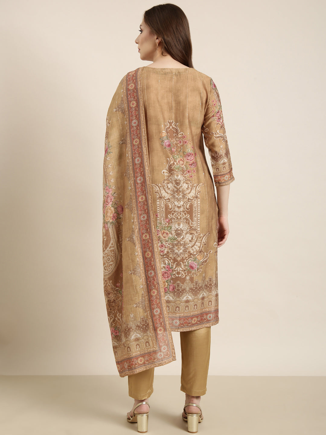 Women Straight Beige Floral Kurta and Trousers Set Comes With Dupatta