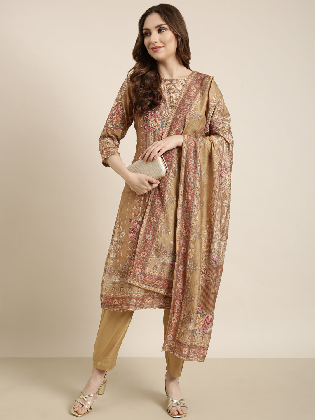 Women Straight Beige Floral Kurta and Trousers Set Comes With Dupatta