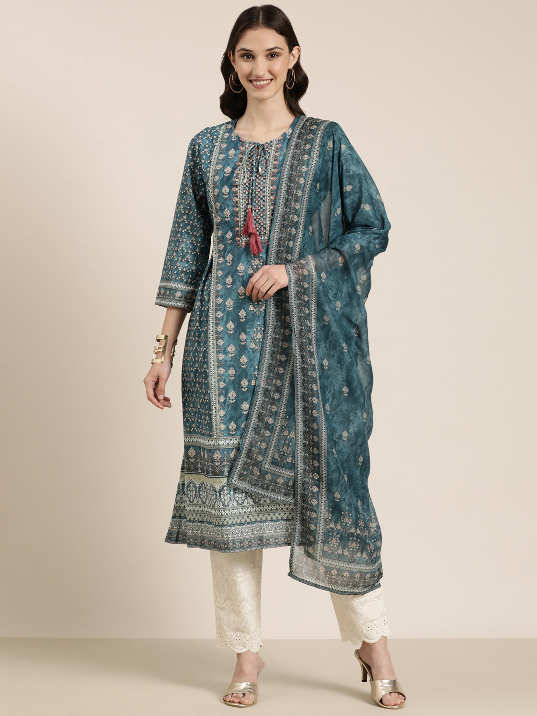 Women Teal Floral Kurta Set