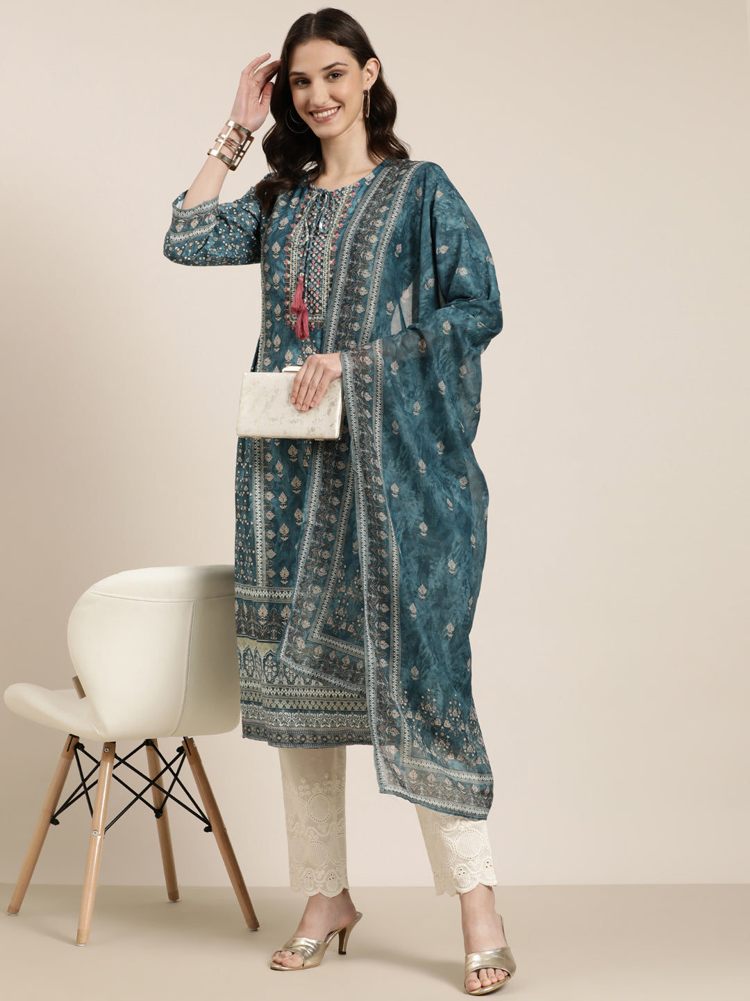 Women Teal Floral Kurta Set